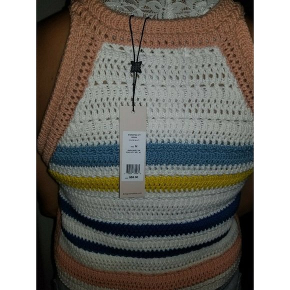 BCBGeneration Crochet Summer Crop Top NWT Medium White Knit Blue Stripe Tank - Picture 4 of 9